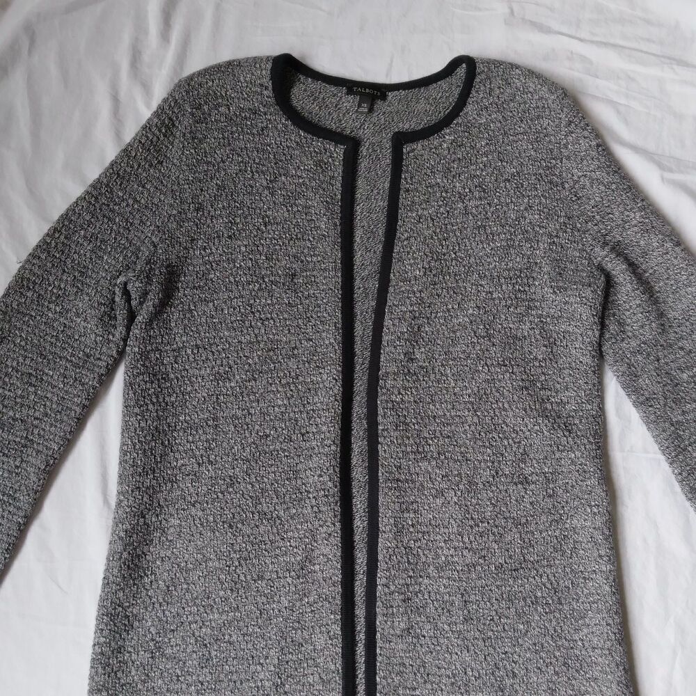 Talbots Cardigan Sweater Textured Open Front Marled Long Sleeve Black Gray XS - Picture 7 of 15